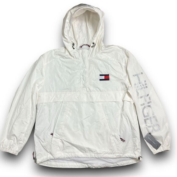 Tommy Hilfiger Windbreaker L White Spellout Hooded Half Zip Jacket Nylon - Picture 3 of 13